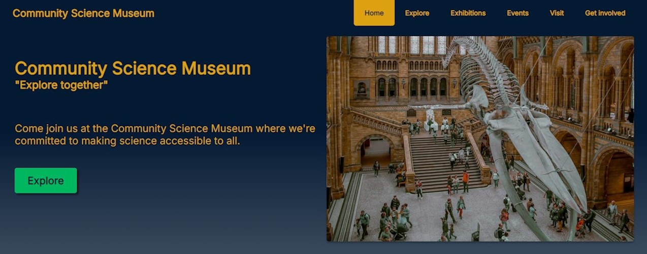 Forsiden til Community Science Museum nettsiden.